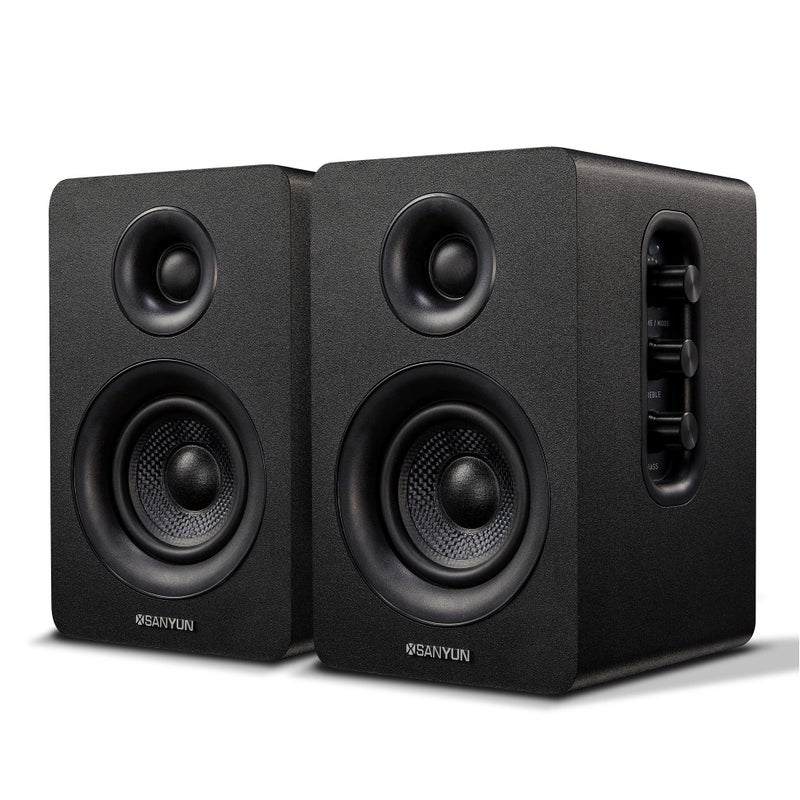 Sanyun SW208 3" Active Bluetooth 5.0 Bookshelf Speakers â€“ 60W Carbon Fiber Speaker Unit - Built-in 24bit DAC - Dynamic 3D Surround Sound â€“ 2.0 Computer PC Monitor Gaming Speakers (Pair, Black) - Image 1